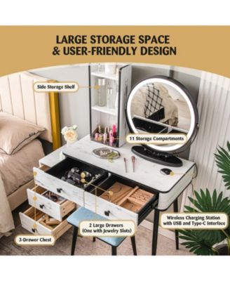 2-Pc. MDF 3-Color Lighted Mirror Vanity Table Set with Cushioned Stool