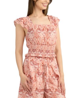 Juniors' Flutter-Sleeve Smocked Top