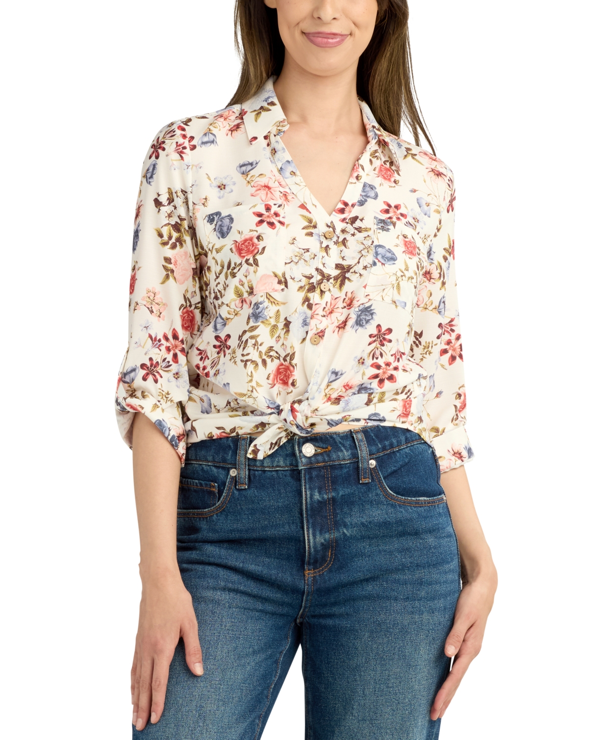 Juniors' Tie-Hem Floral-Print Shirt - Pat B