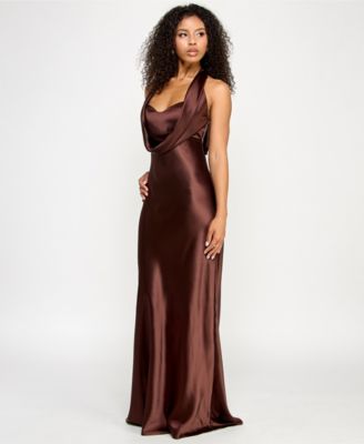 Juniors' Satin Cowl-Neck Halter Gown