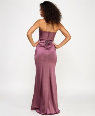 Juniors' Iris Sateen Corset-Bodice Slit Gown