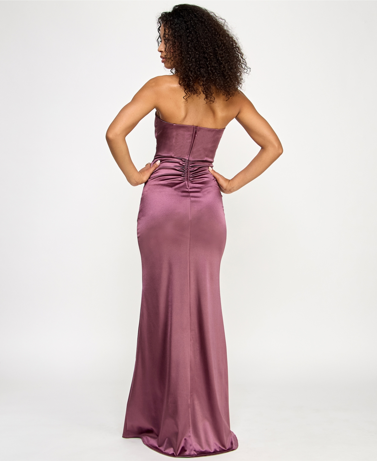 Emerald Sundae Juniors' Iris Sateen Corset-bodice Slit Gown In Pink