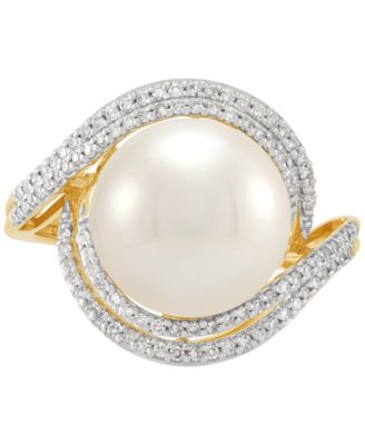 Ming Freshwater Pearl (11-12mm) & Diamond (1/3 ct. t.w.) Statement Ring in 14k Yellow Gold
