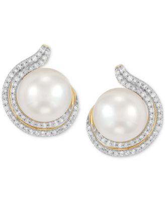 Cultured Freshwater Pearl (9 - 9-1/2mm) & Diamond (1/3 ct. t.w.) Stud Earrings in 14k Yellow Gold