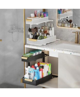 Under Sink Organizer, 2 Packs 2 Tier Under Sink Organizers and Storage, Slide Out Pull Out Cabinet Organizer Shelf, Metal Sliding Drawer