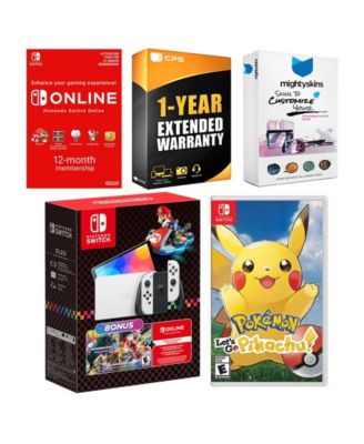 Switch OLED Console Mario Kart 8 Bundle with Pokemon Let's Go, Pikachu!, NSO 12 Month Family Membership, MightySkins Console and Controller S