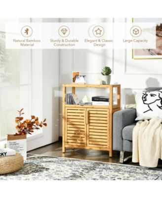 1-Pc Bamboo Floor Cabinet with Double Slatted Doors, Open Shelf and Removable Shelf
