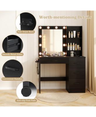 Vanity Desk with 3-Color Lights and Power Outlets