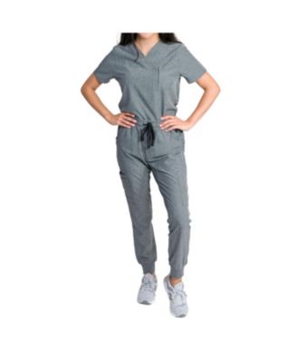 Women's Stretch Scrub Set with Zip Chest Pocket Top and Knit Rib Cuffs Jogger Pants