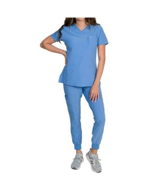 Women's Stretch Scrub Set with Zip Chest Pocket Top and Knit Rib Cuffs Jogger Pants