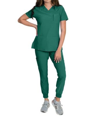 Women's Fleur Stretch Scrub Set with Zip Chest Pocket Top and Knit Rib Cuffs Jogger Pants