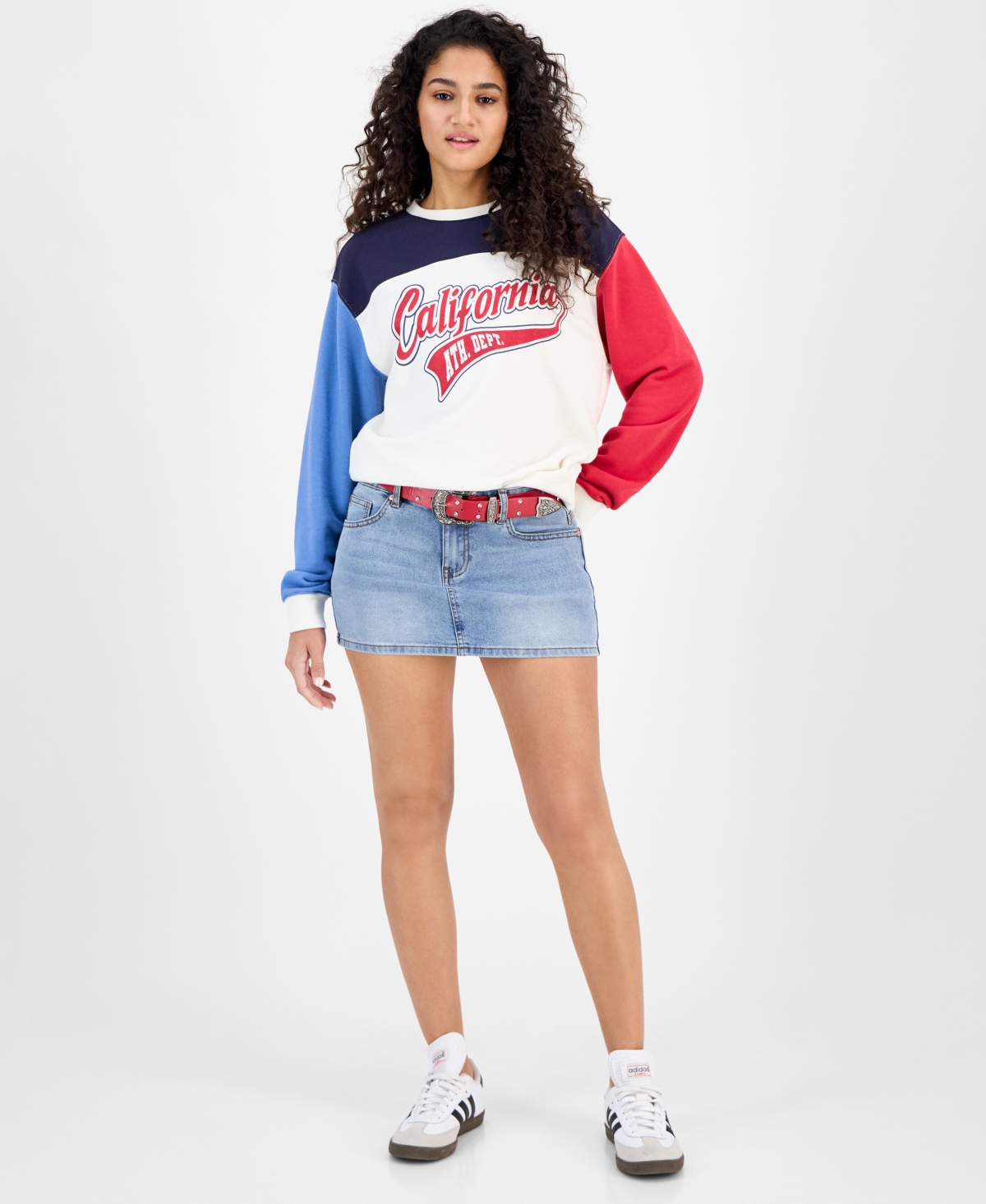 Juniors' Belted Mini Denim Skirt - Med Denim