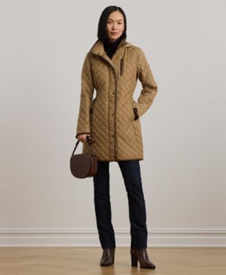 Petite Hooded Quilted Faux-Suede-Trim Coat