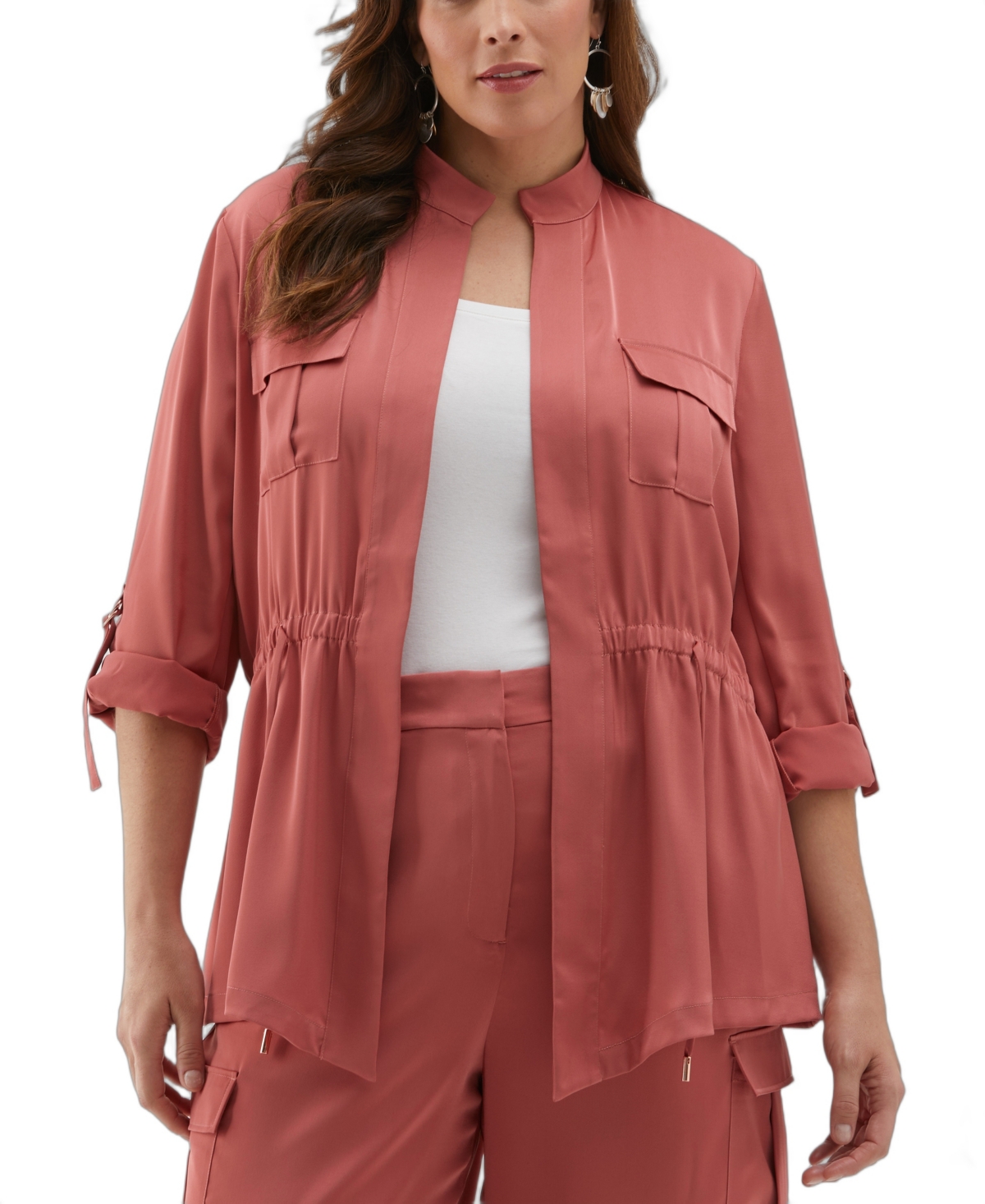 Plus Size Drawcord Waist Shine Roll Sleeve Jacket - Dusty Cedar