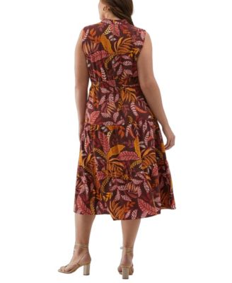 Plus Size Leaf Print Belted Sleeveless Dress
