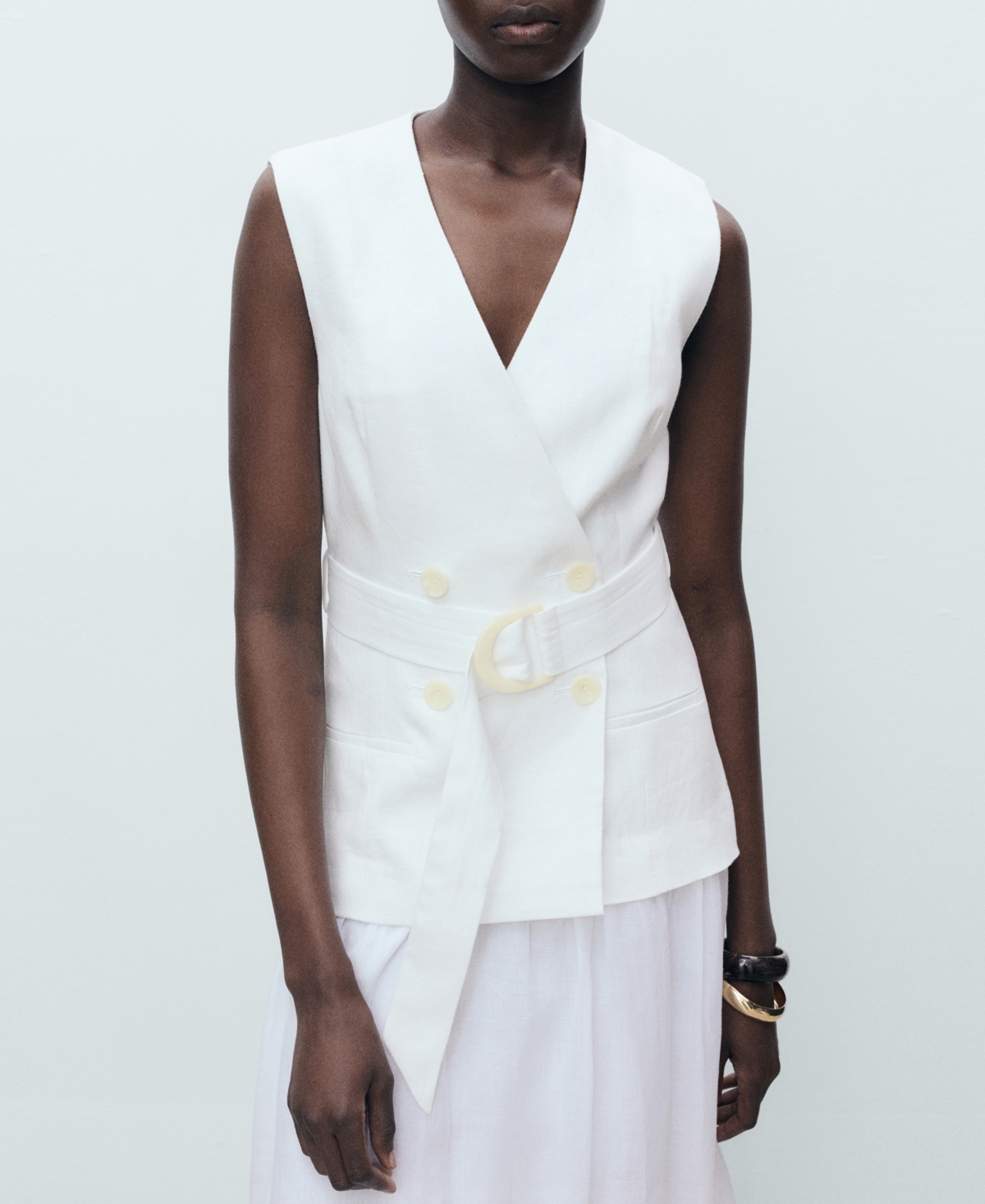 Mango Mariona Sleeveless Belted Linen Maxi Dress In White