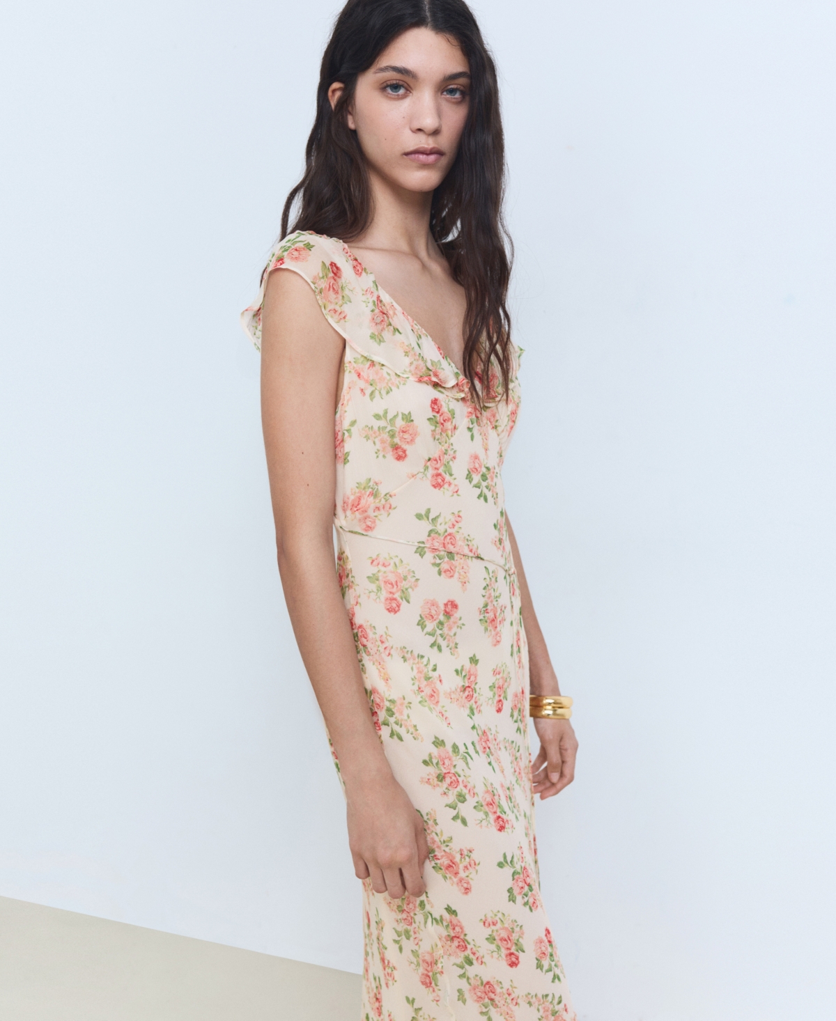 Mango Floral Midi-dress With Bow Ecru