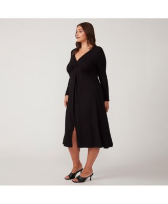 Plus Size Eclipse Black Long Sleeve V-Neck Midi Dress