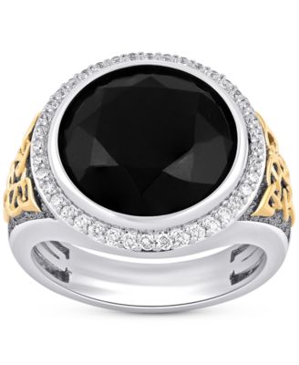 Macy's - Men's Onyx & Diamond (3/8 ct. t.w.) Halo Ring in Sterling Silver & 14k Gold-Plate