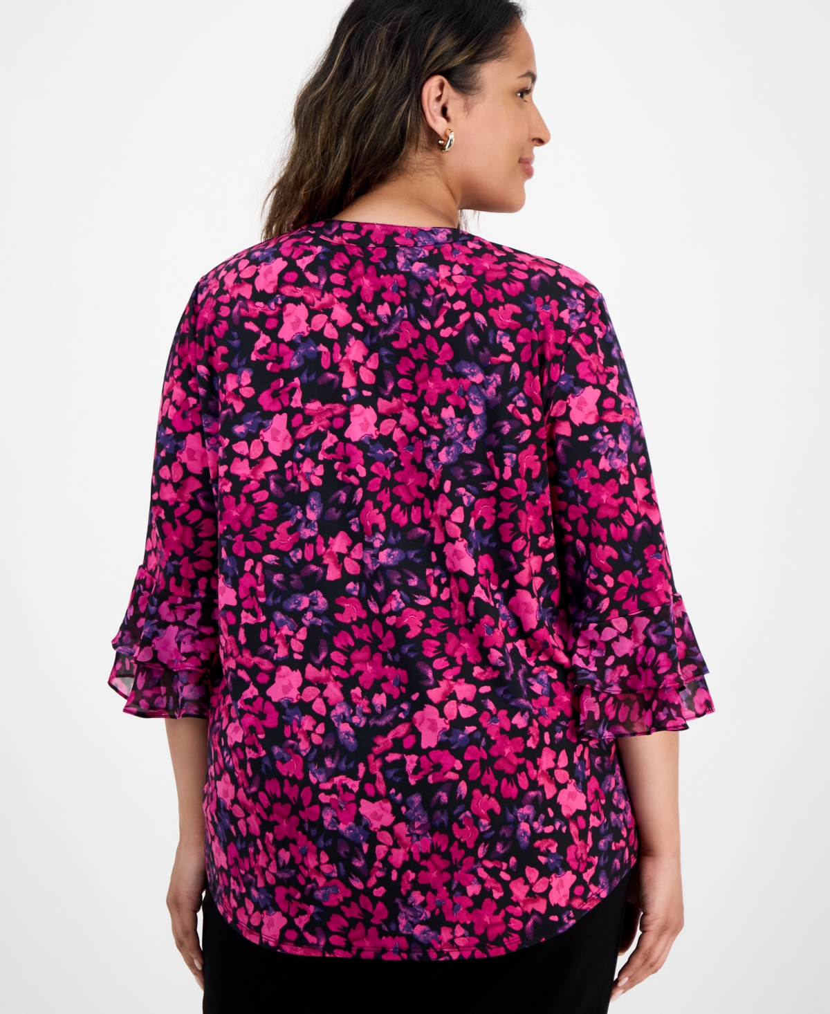 Kasper Plus Size Split-neck Floral-print Top