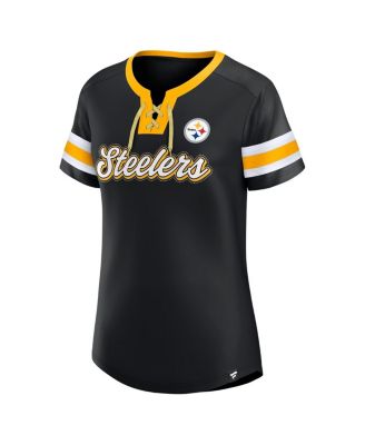 Women's Black Pittsburgh Steelers True Catch Iconic Rhinestone Bling Athena Lace-Up T-Shirt