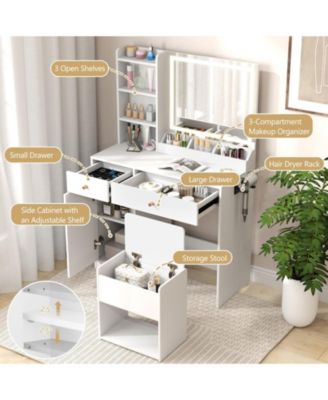 3-Color LED Mirror, Charging Station & Storage Compartments Vanity Dressing Table & Stool Set