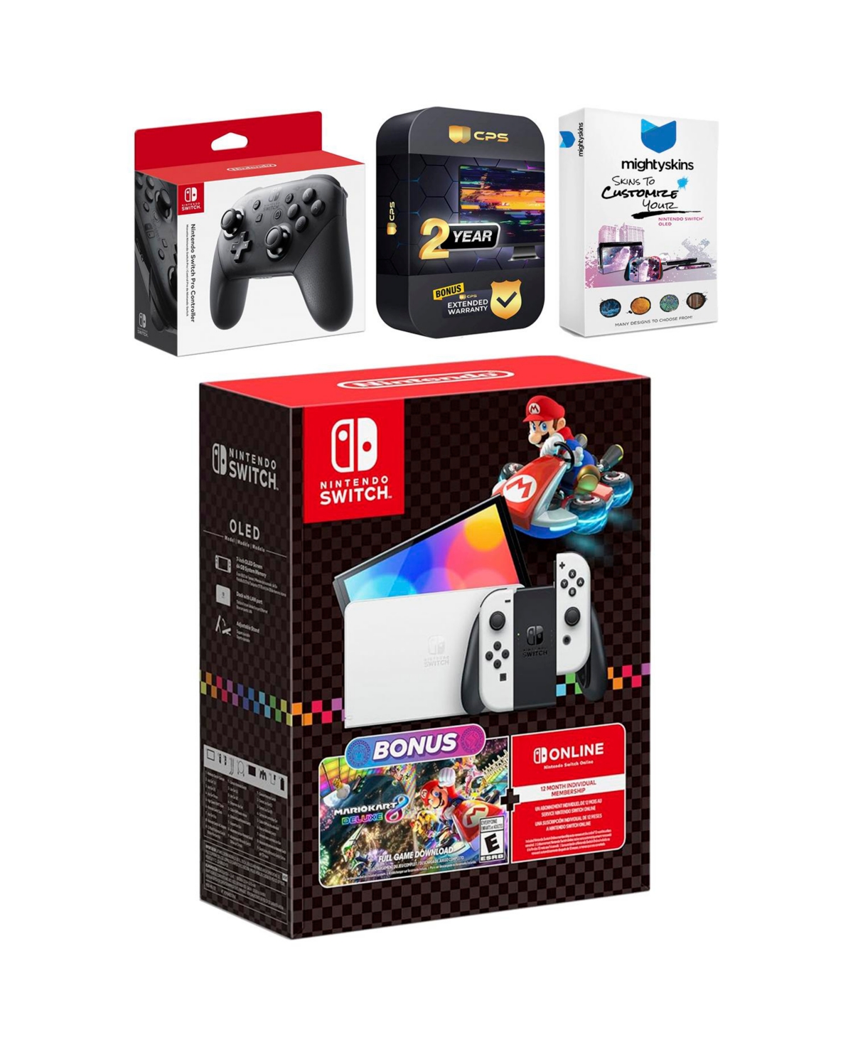 Nintendo Switch Oled Mario Kart 8 Deluxe Bundle with Pro Controller, MightySkins Console and Controller Skin Voucher and 2 Year Cps Extended Warranty 