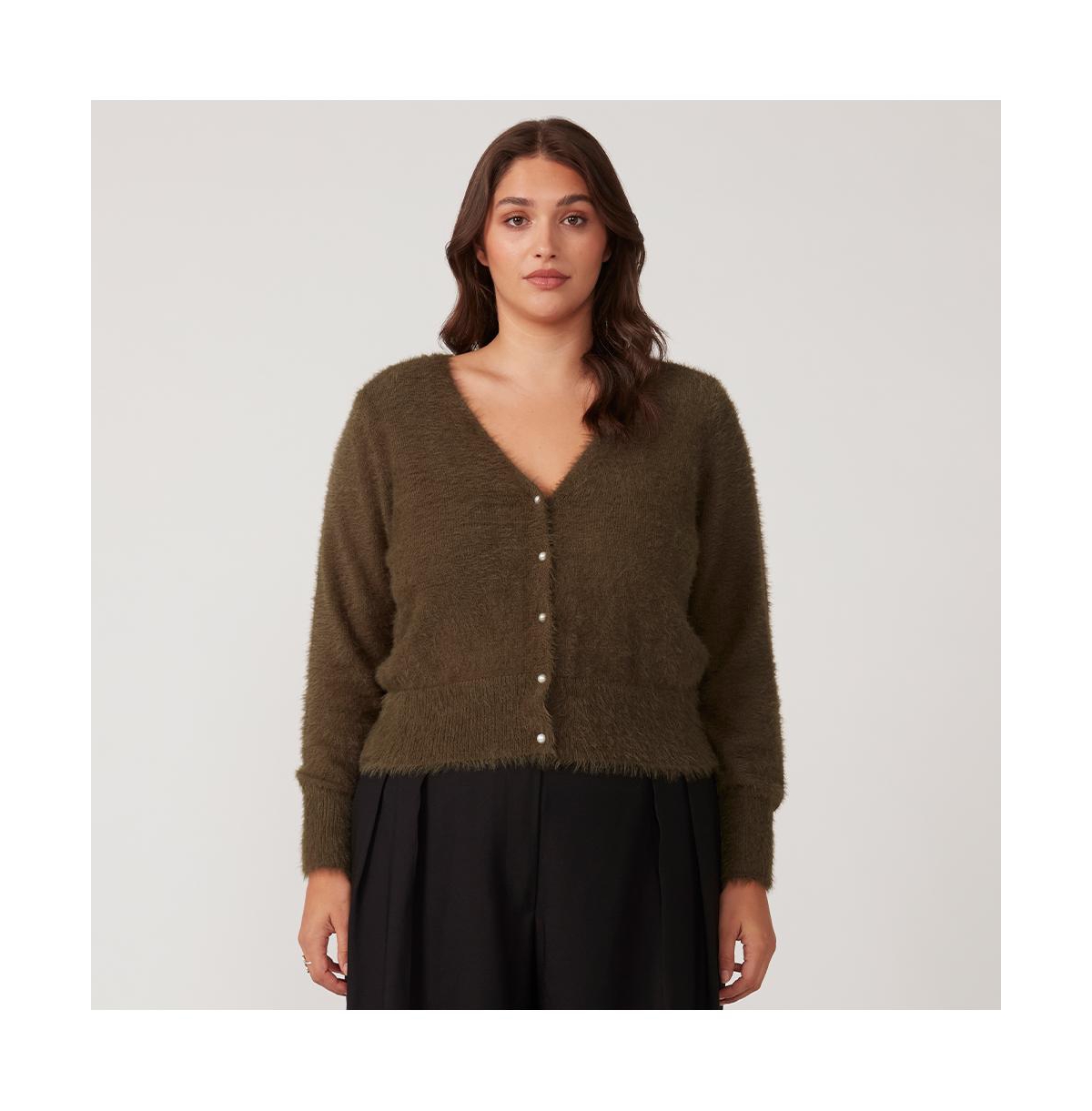 Camille Pearl Green V-Neck Button-up cardi - Olive