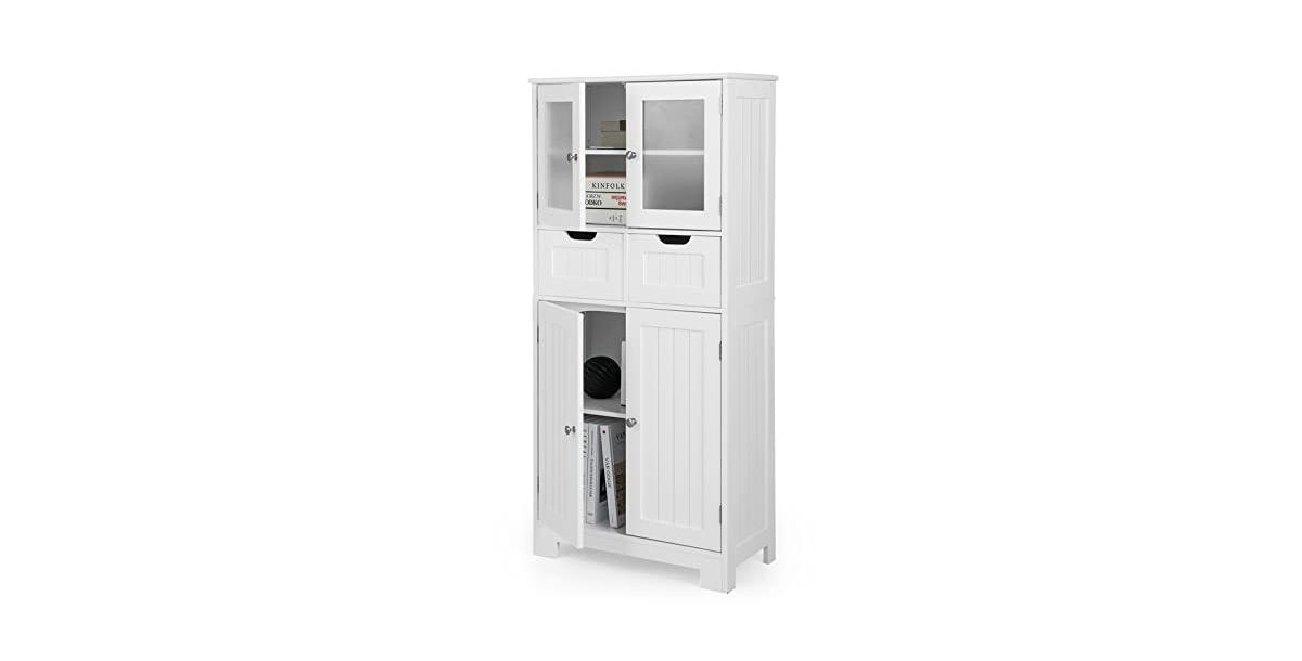 4 Door Freestanding Bathroom Floor Storage Cabinet with 2 Drawers and Glass Doors - White