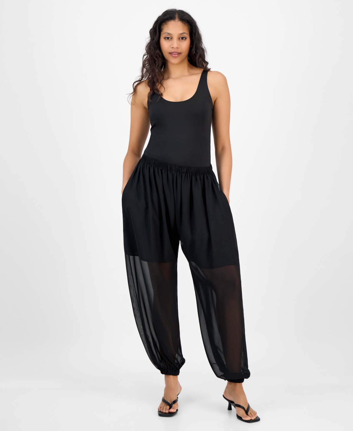 Women's High Rise Sheer Harem Pants, Exclusively at Macy's - Deep Black