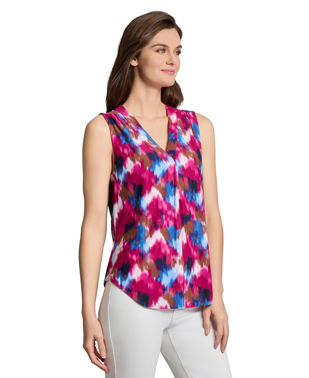 Jones New York Petite V Neck Pleat Front Shell Top In Pink