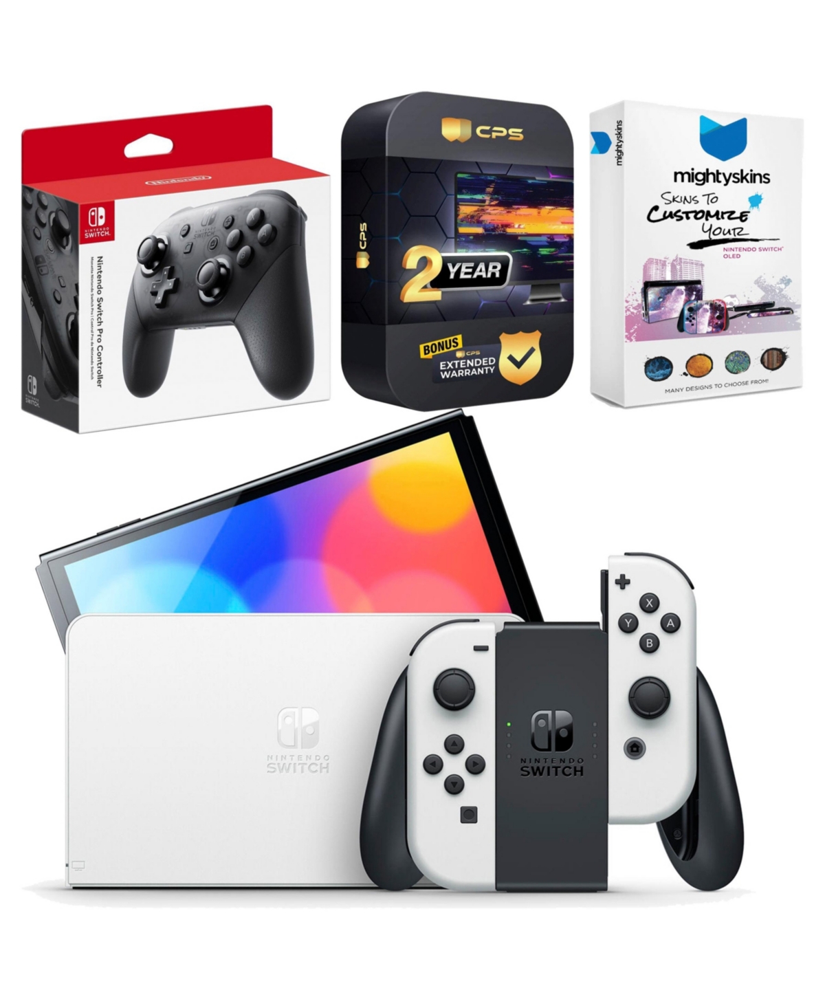 Nintendo Switch Neon Oled Console with Pro Controller, MightySkins Console and Controller Skin Voucher, and 2 Year Cps Extended Warranty - White