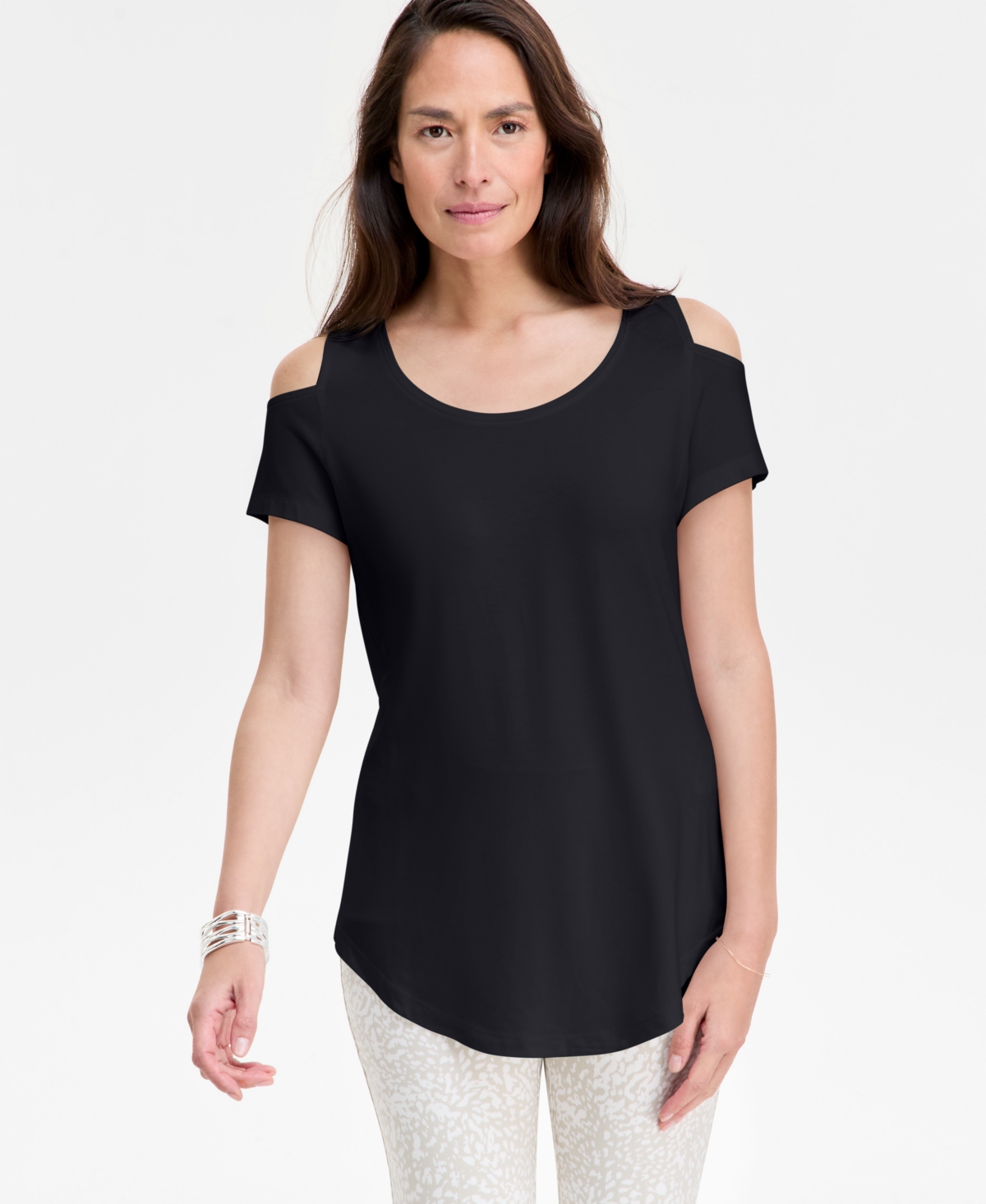 Women's Solid Short-Sleeve Cold-Shoulder Top, Created for Macy's - Deep Black