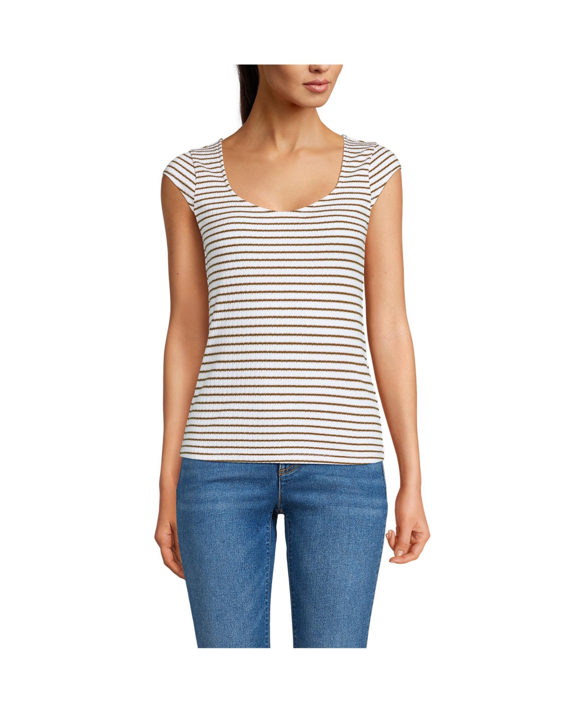 Women's Pointelle Cap Sleeve Top - White/coriander easy stripe