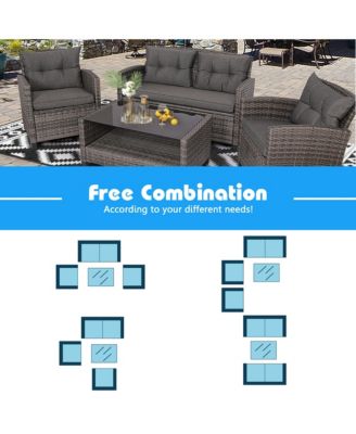 4PC Rattan Patio Conversation Set Cushioned Outdoor Furniture Set