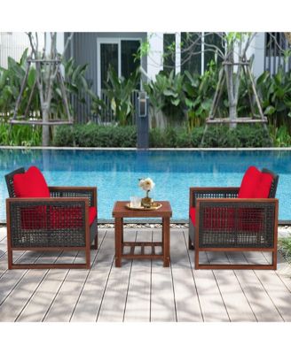 3PCS Rattan Wicker Patio Conversation Set Outdoor Furniture Set w/ Red Cushion