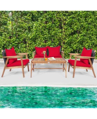 4PCS Patio Conversation Set Wood Frame Furniture Set w/ Red Cushions