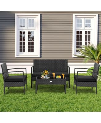 4PCS Rattan Patio Conversation Set Outdoor Wicker Furniture Set w/ Cushions