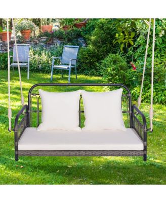 Outdoor Wicker Porch Swing 2-Person Hanging Seat w/ Seat & Back Cushions Backyard