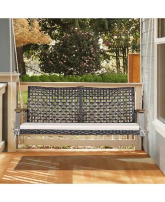 2-Seat Rattan Porch Swing Chair Outdoor Wicker Swing Bench W/ Seat Cushion Red