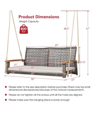 Rattan Patio Porch Swing 2-Person Cushioned Swing Chair Bench w/ Hanging Ropes