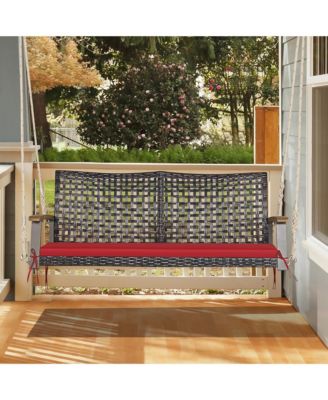 2-Seat Rattan Porch Swing Chair Outdoor Wicker Swing Bench W/ Seat Cushion Red