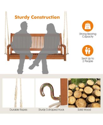 2-Seat Patio Hanging Wooden Porch Swing Bench w/ Cushion & Hanging Ropes