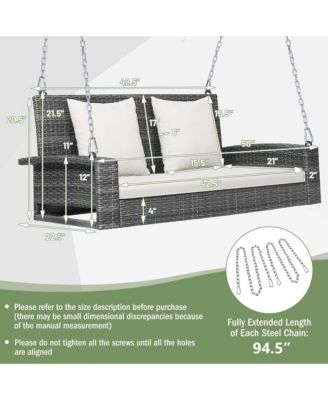 2-Person Patio Hanging Porch Swing Rattan 800LBS Swing Bench w/ Cushions