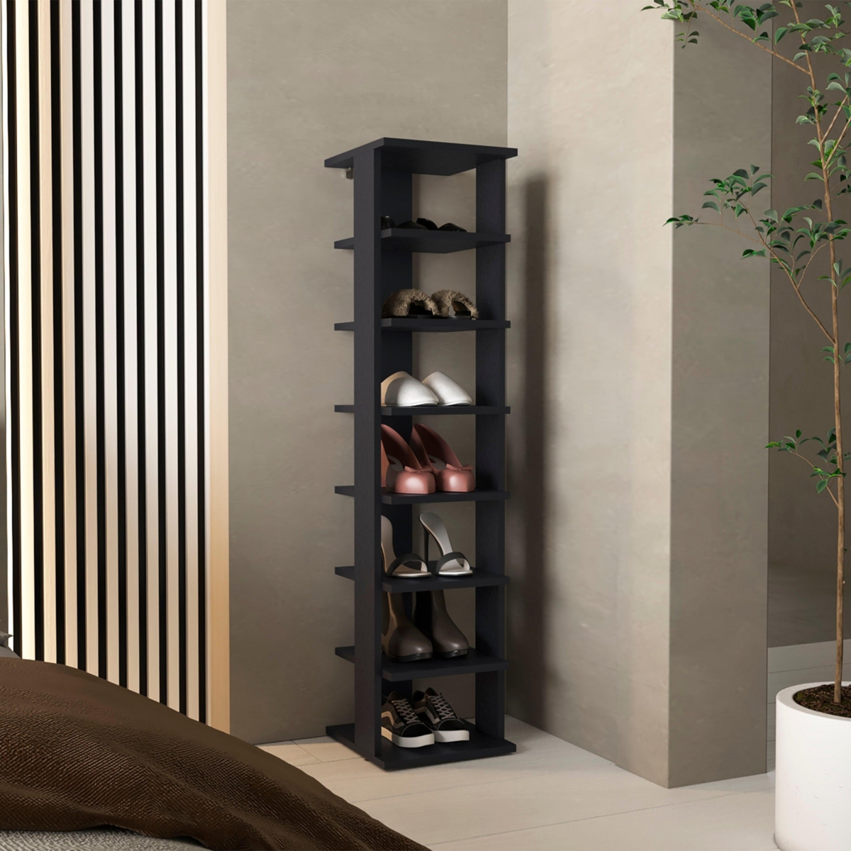 Glacier Shoe Rack, 7 Shelves, White - Black wengue