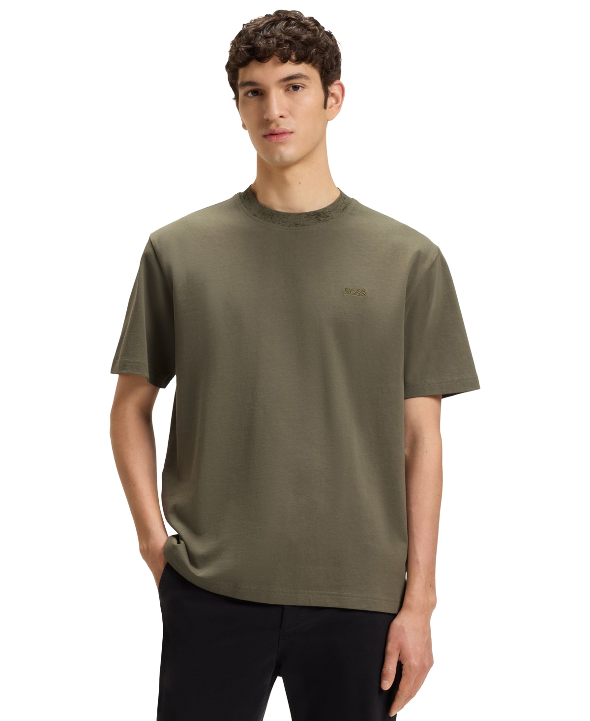 Boss by Hugo Boss Men's Patterned Collar Cotton-Jersey T-Shirt - Open Green