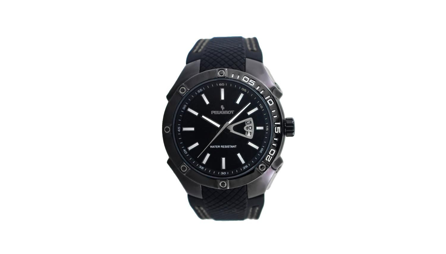Men's 44mm Black Sport Calendar Stitched Rubber Band Watch