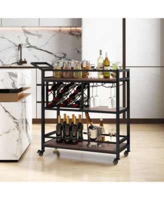 3-Tier Rolling Bar Serving Cart with Wine Rack and Glass Holder