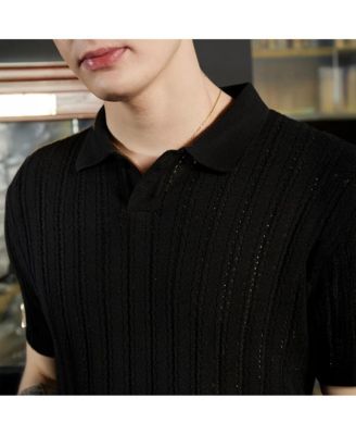 Men's Obsidian Black Stripe-Textured Polo T-Shirt
