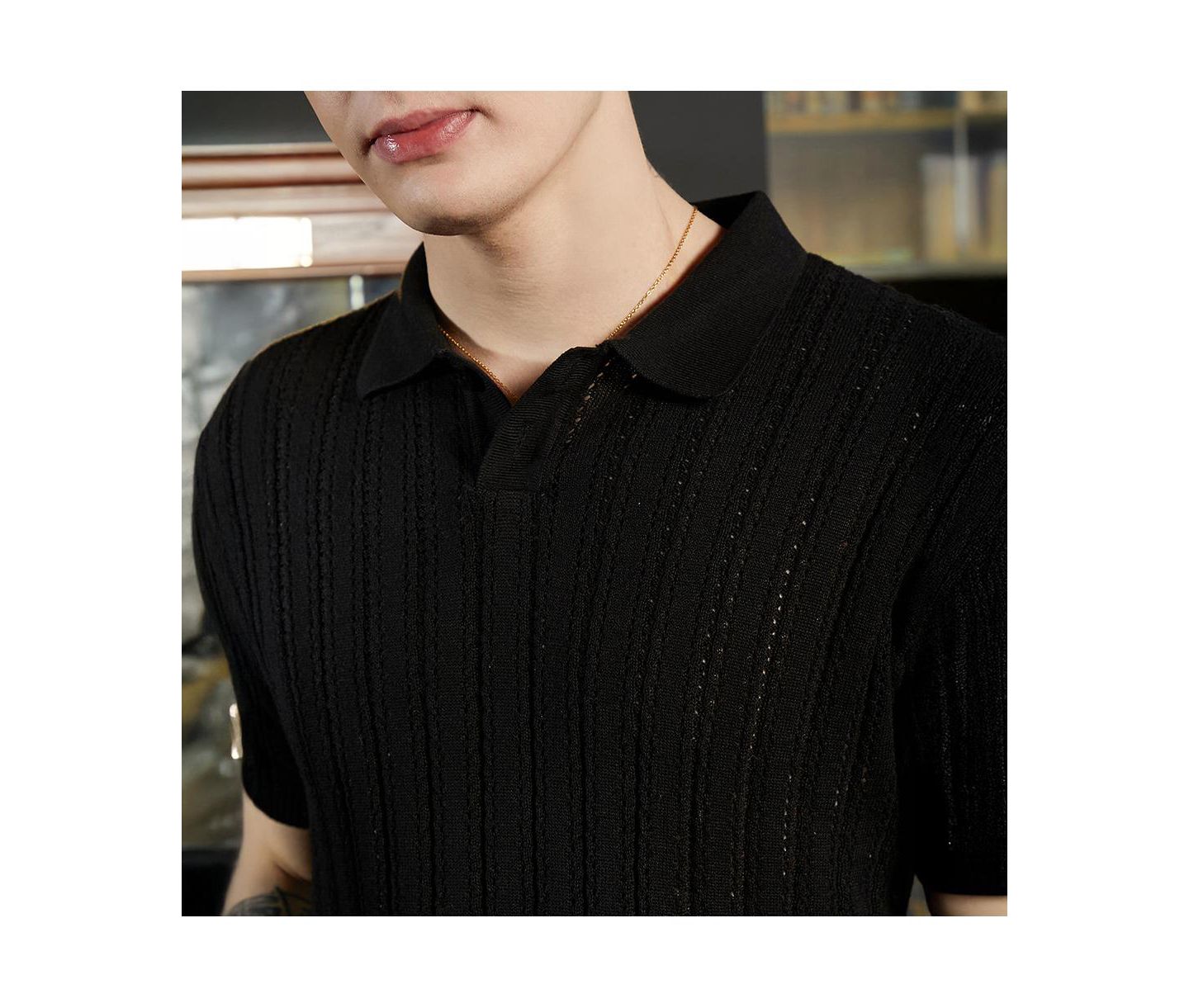 Мужская футболка Cahoot Campus Sutra Obsidian Black Stripe-Textured Polo, цвет: Чёрный — фото 7